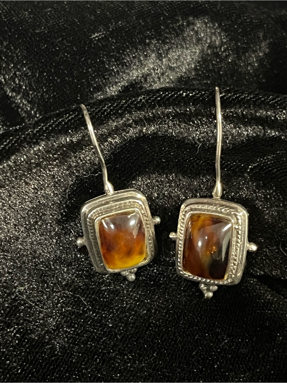Sterling Silver Amber Drop Earrings - Brown Amber